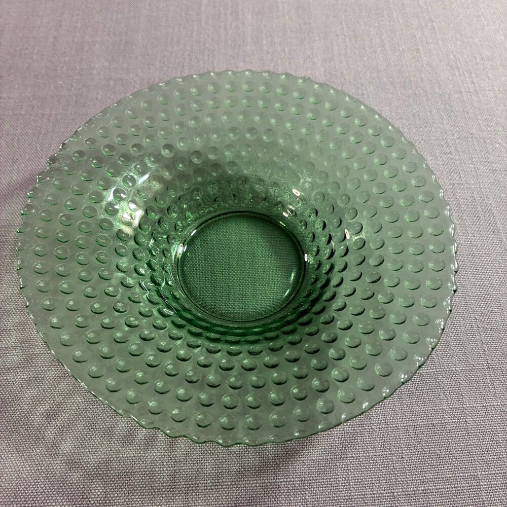 Vintage Green Hobnail Glass Serving Bowl Scalloped Edge Berry Dish 6 Inch